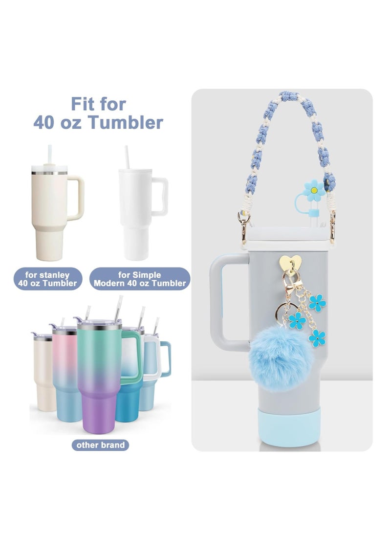 Stanley Cup Accessory Set includes Water Bottle Handle Strap, Silicone Stanley Cup Protector, Silicone Straw Cover, Stanley Charm for Stanley Cup 40oz and 30oz Glass (Light Blue)