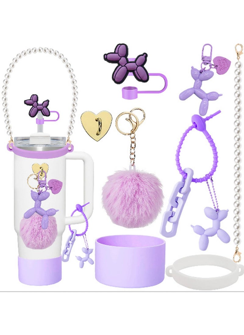 Stanley Cup Accessory Set includes Water Bottle Handle Strap, Silicone Stanley Cup Protector, Silicone Straw Sleeve, Stanley Charm for Stanley Cup 40oz and 30oz Glass (Purple Balloon Dog Pearl Handbag)