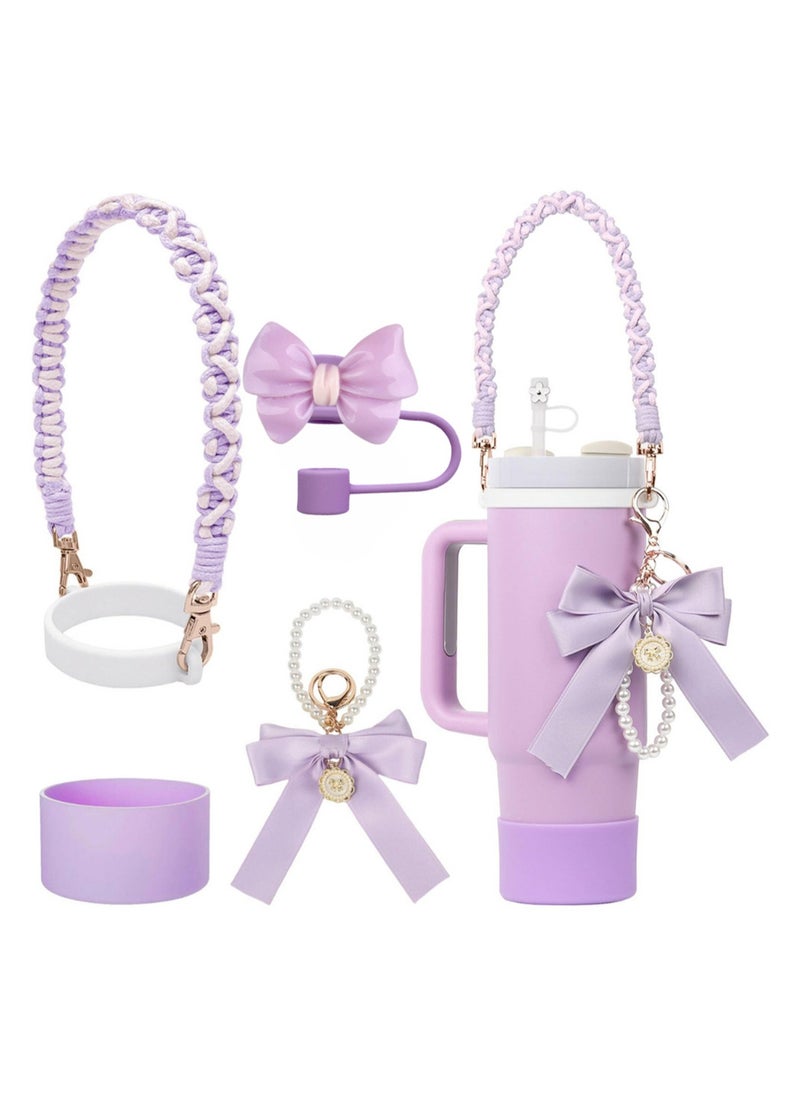 Stanley Cup Accessory Set, Bow Pearl Chain Braided Design Water Bottle Handle Strap, Silicone Stanley Cup Protective Case, Stanley Cup 30/40 Ounces Tumbler Stanley Charm (Purple Butterfly Festival)