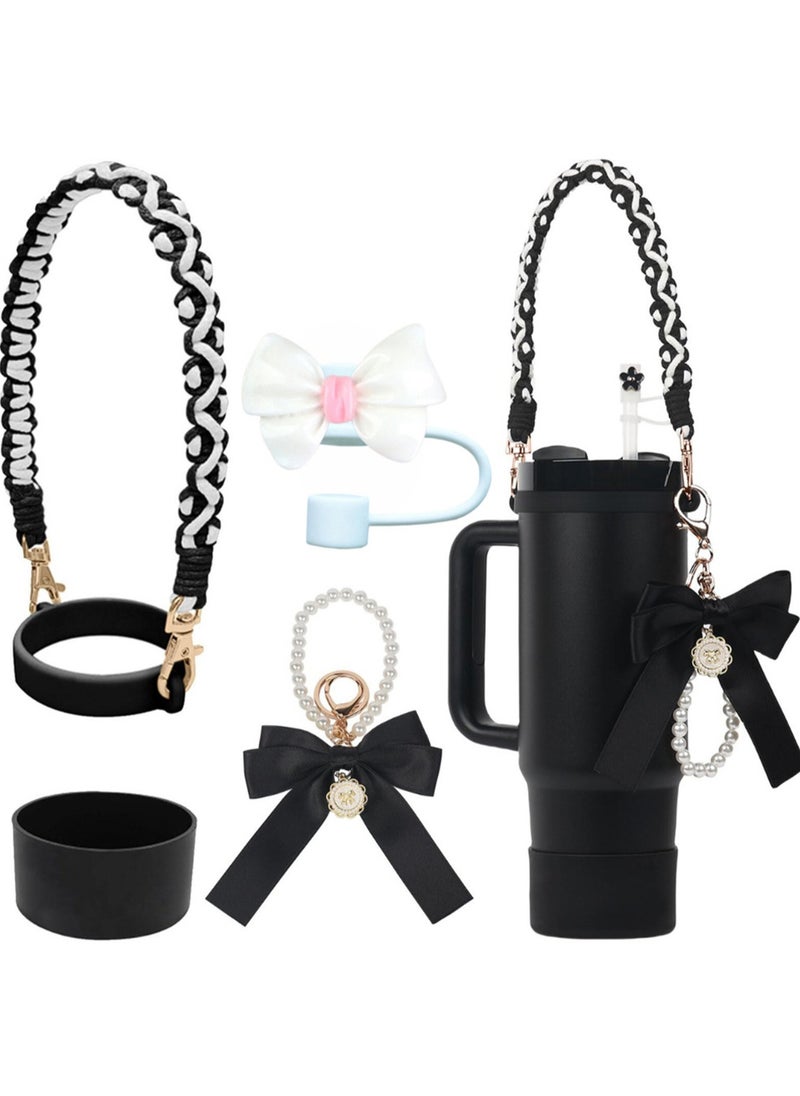 Stanley Cup Accessory Set, Bow Pearl Chain Braided Design Water Bottle Handle Strap, Silicone Stanley Cup Protective Case, Stanley Cup 30/40 Ounces Tumbler Stanley Charm (Black Butterfly Festival)