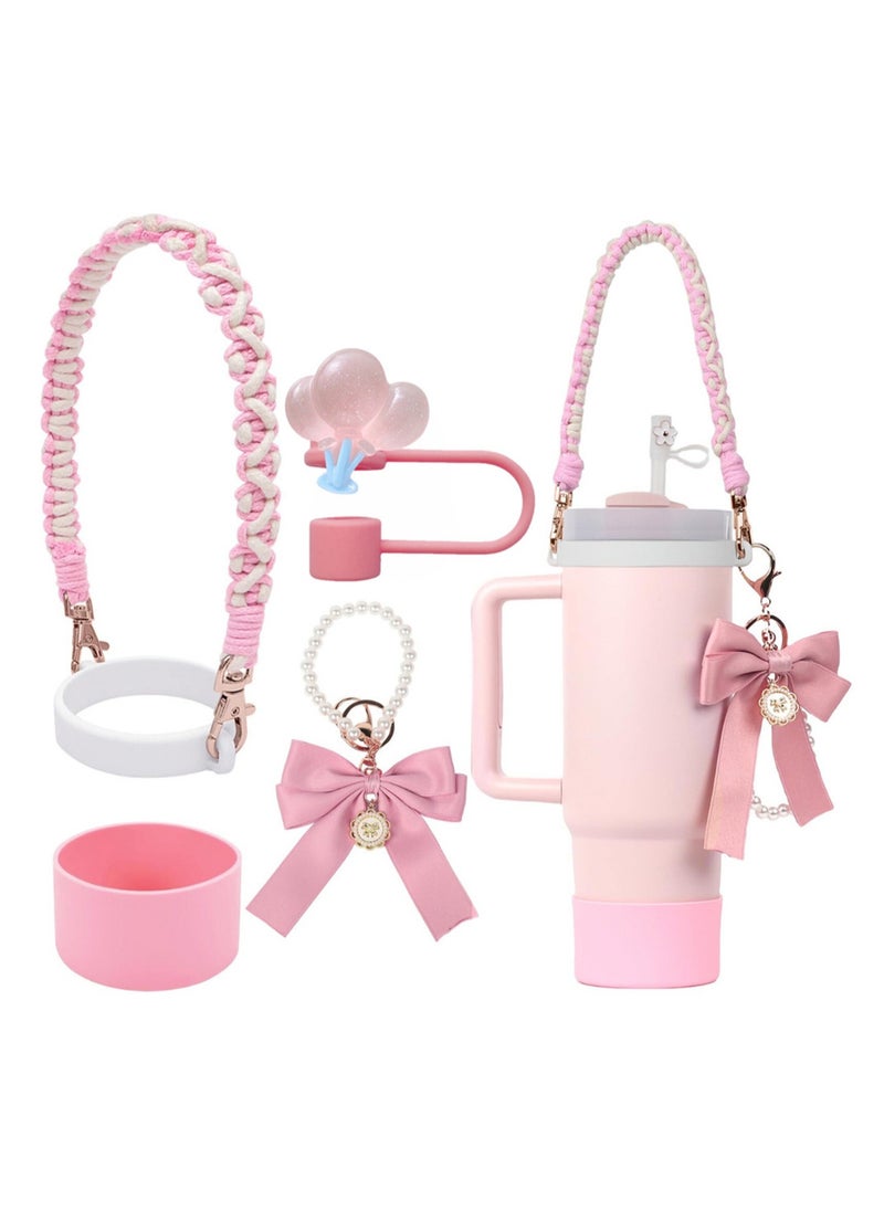 Stanley Cup Accessory Set, Bow Pearl Chain Braided Design Water Bottle Handle Strap, Silicone Stanley Cup Protective Case, Stanley Cup 30/40 Ounces Tumbler Stanley Charm (Pink Balloon)