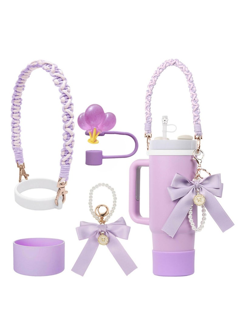 Stanley Cup Accessory Set, Bow Pearl Chain Braided Design Water Bottle Handle Strap, Silicone Stanley Cup Protective Case, Stanley Cup 30/40 Ounces Tumbler Stanley Charm (Purple Balloon)