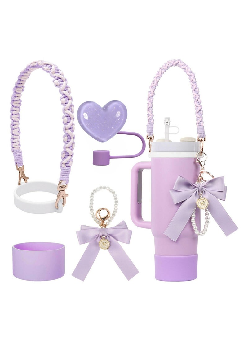 Stanley Cup Accessory Set, Bow Pearl Chain Braided Design Water Bottle Handle Strap, Silicone Stanley Cup Protective Case, Stanley Cup 30/40 Ounces Tumbler Stanley Charm (Purple Love Heart)