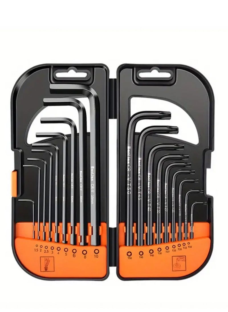 18 piece hex wrench set (including booster) - Internal hex wrench set, made of heat-treated steel, with torque handle, high lever, long and short keys,