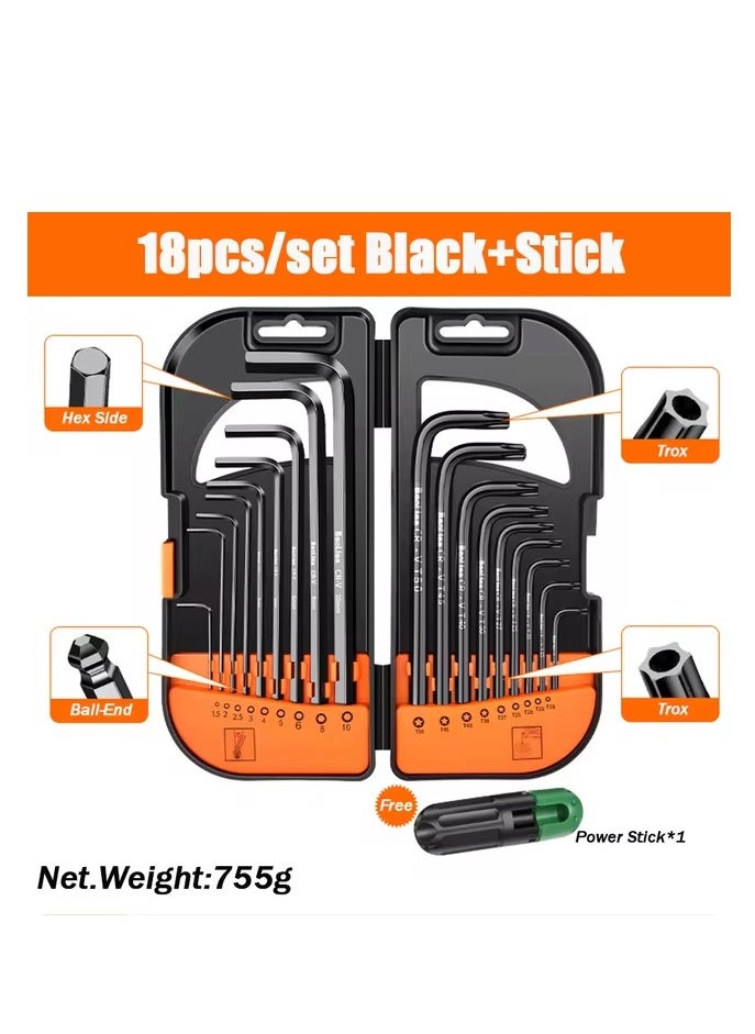 18 piece hex wrench set (including booster) - Internal hex wrench set, made of heat-treated steel, with torque handle, high lever, long and short keys,