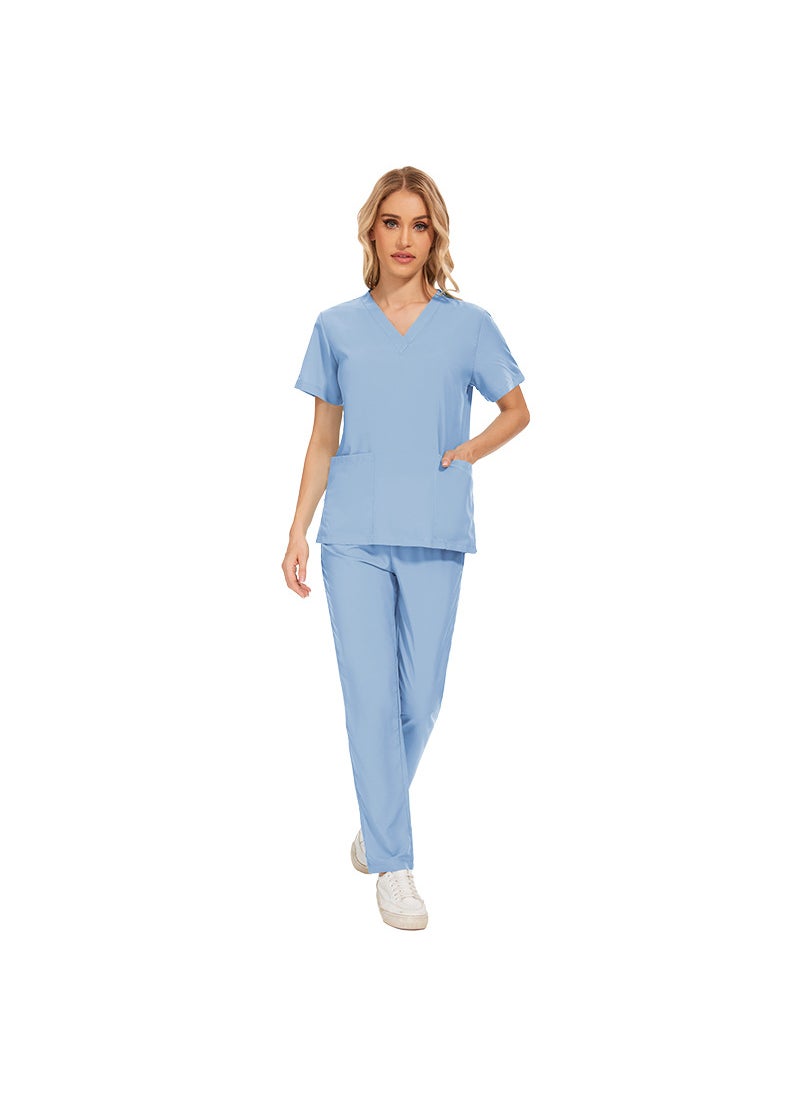 1 x 5 pcs Womens Short Sleeve Scrubs Set 42016 sky blue