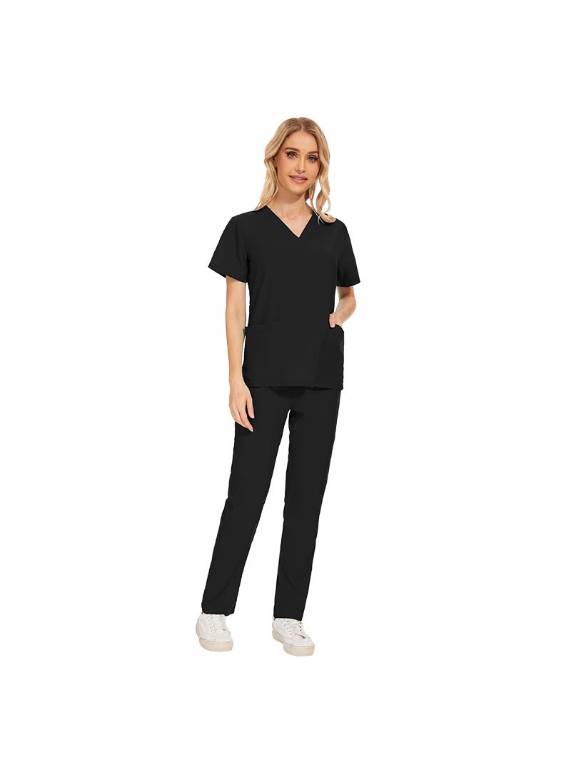 1 x 5 pcs Womens Short Sleeve Scrubs Set 42016 Black