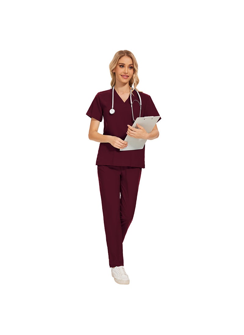 1 x 5 pcs Womens Short Sleeve Scrubs Set 42016 wine red