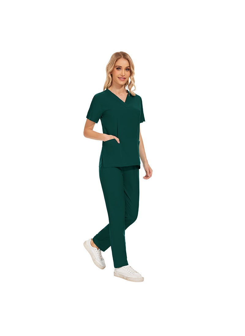 1 x 5 pcs Womens Short Sleeve Scrubs Set 42016 dark green