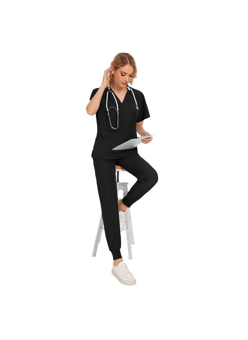 New Summer Casual Womens Medical Scrubs Set 42109-Black