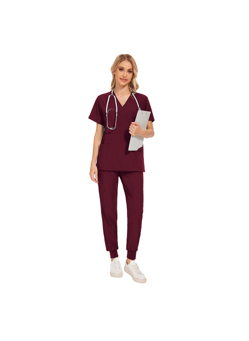 New Summer Casual Womens Medical Scrubs Set 42109-wine red