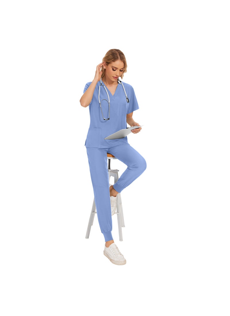 New Summer Casual Womens Medical Scrubs Set 42109-light blue