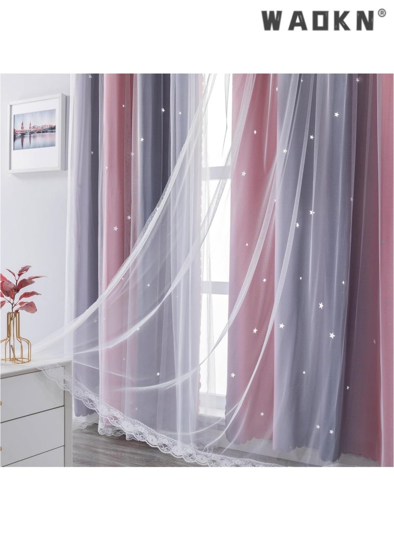 Dream Star Blackout Curtains for Kids' Rooms: Enchanting Princess Design Perfect for Your Little Girl's Bedroom Window - Extra-Long Length for Optimal Light Blocking & Privacy(1 Panel, 52W x 63L inch,Pink Grey)