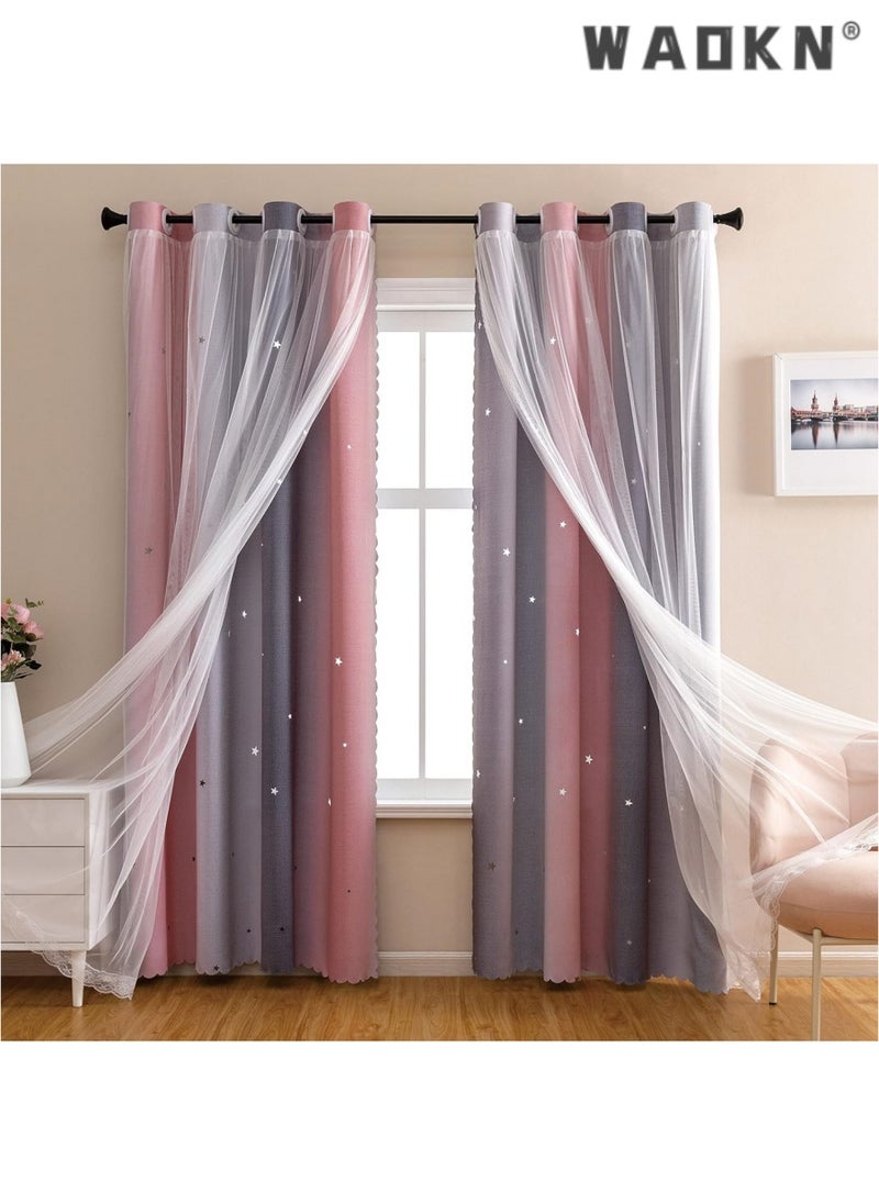 Dream Star Blackout Curtains for Kids' Rooms: Enchanting Princess Design Perfect for Your Little Girl's Bedroom Window - Extra-Long Length for Optimal Light Blocking & Privacy(1 Panel, 52W x 63L inch,Pink Grey)