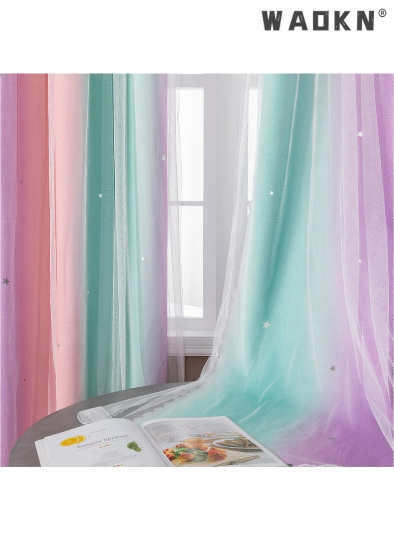 Dream Star Blackout Curtains for Kids' Rooms: Enchanting Princess Design Perfect for Your Little Girl's Bedroom Window - Extra-Long Length for Optimal Light Blocking & Privacy(1 Panel, 52W x 63L inch,Pink Purple Green)