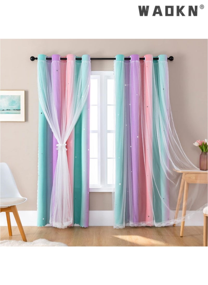 Dream Star Blackout Curtains for Kids' Rooms: Enchanting Princess Design Perfect for Your Little Girl's Bedroom Window - Extra-Long Length for Optimal Light Blocking & Privacy(1 Panel, 52W x 63L inch,Pink Purple Green)