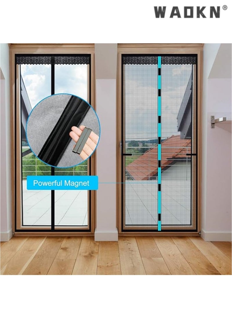 Magnetic Mesh Door Screen for Insect-Free Ventilation, Automatic Top-to-Bottom Sealing with Snap Closures, Maintains Airflow & Blocks Mosquitoes & Other Pests (100x200CM, Black)