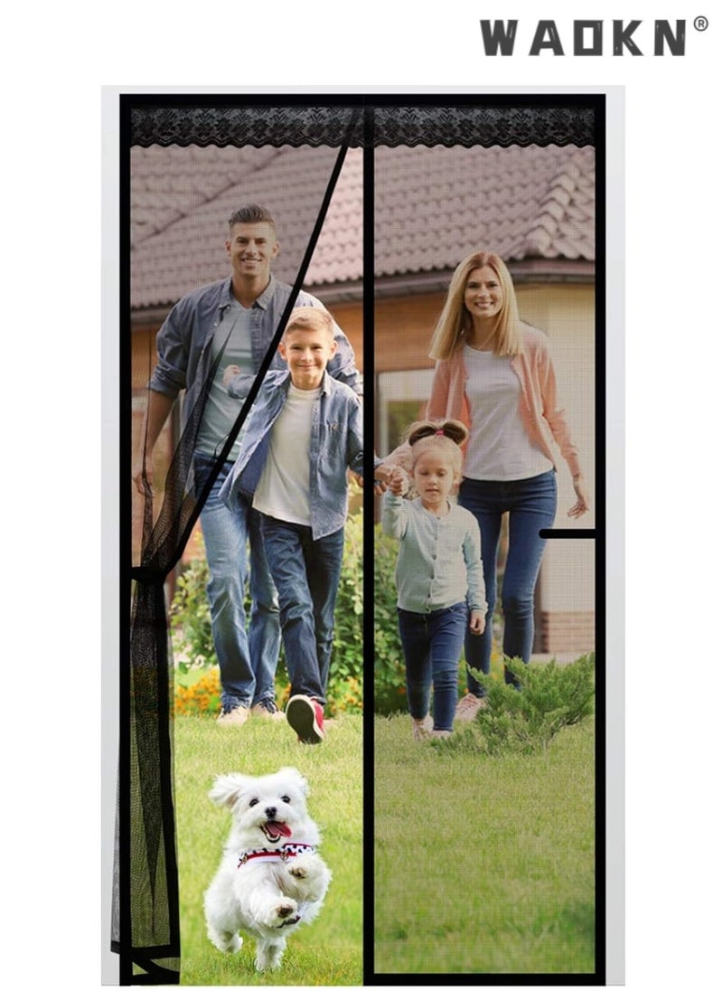 Magnetic Mesh Door Screen for Insect-Free Ventilation, Automatic Top-to-Bottom Sealing with Snap Closures, Maintains Airflow & Blocks Mosquitoes & Other Pests (100x200CM, Black)