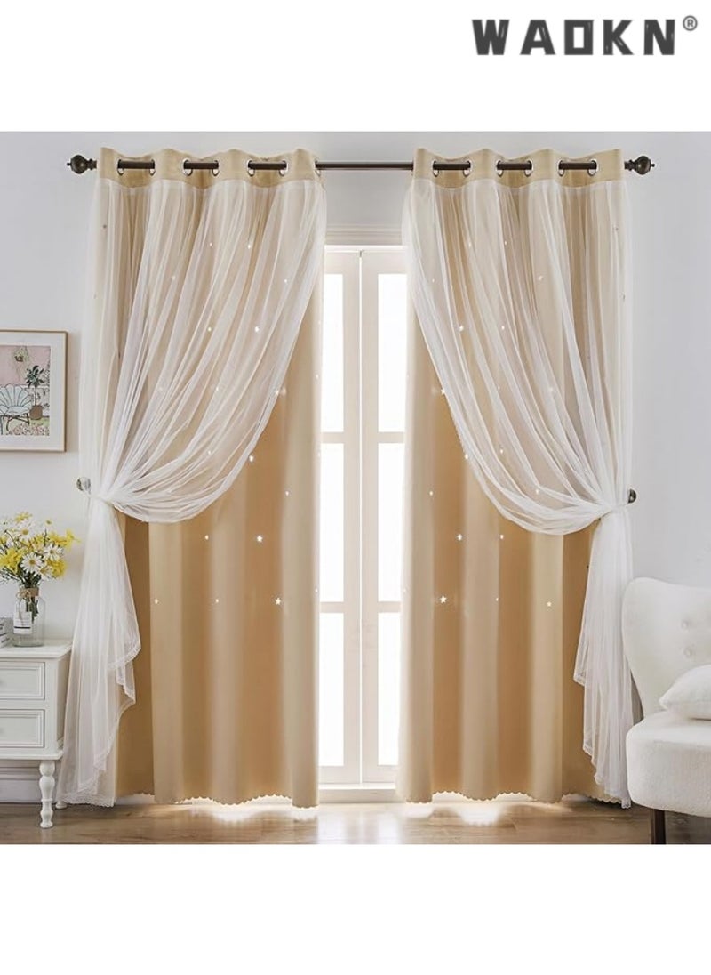 indistar Star Curtains for Bedroom Star Hollow Out Blackout Curtains for Kids Room Double Layer Star Cut Out Window Decor(1 Panel, 52W x 63L inch,Beige)