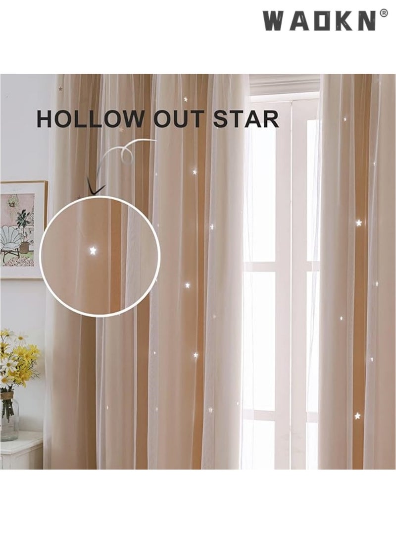 indistar Star Curtains for Bedroom Star Hollow Out Blackout Curtains for Kids Room Double Layer Star Cut Out Window Decor(1 Panel, 52W x 63L inch,Beige)