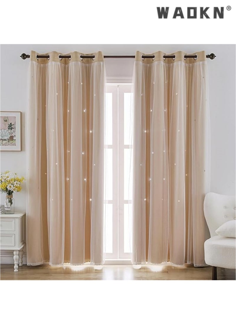 indistar Star Curtains for Bedroom Star Hollow Out Blackout Curtains for Kids Room Double Layer Star Cut Out Window Decor(1 Panel, 52W x 63L inch,Beige)