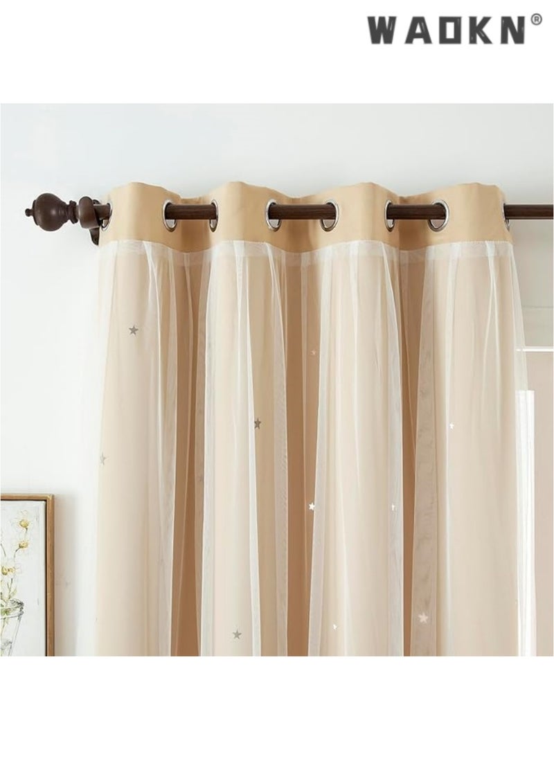 indistar Star Curtains for Bedroom Star Hollow Out Blackout Curtains for Kids Room Double Layer Star Cut Out Window Decor(1 Panel, 52W x 63L inch,Beige)