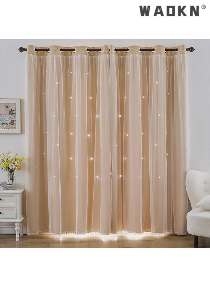 indistar Star Curtains for Bedroom Star Hollow Out Blackout Curtains for Kids Room Double Layer Star Cut Out Window Decor(1 Panel, 52W x 63L inch,Beige)