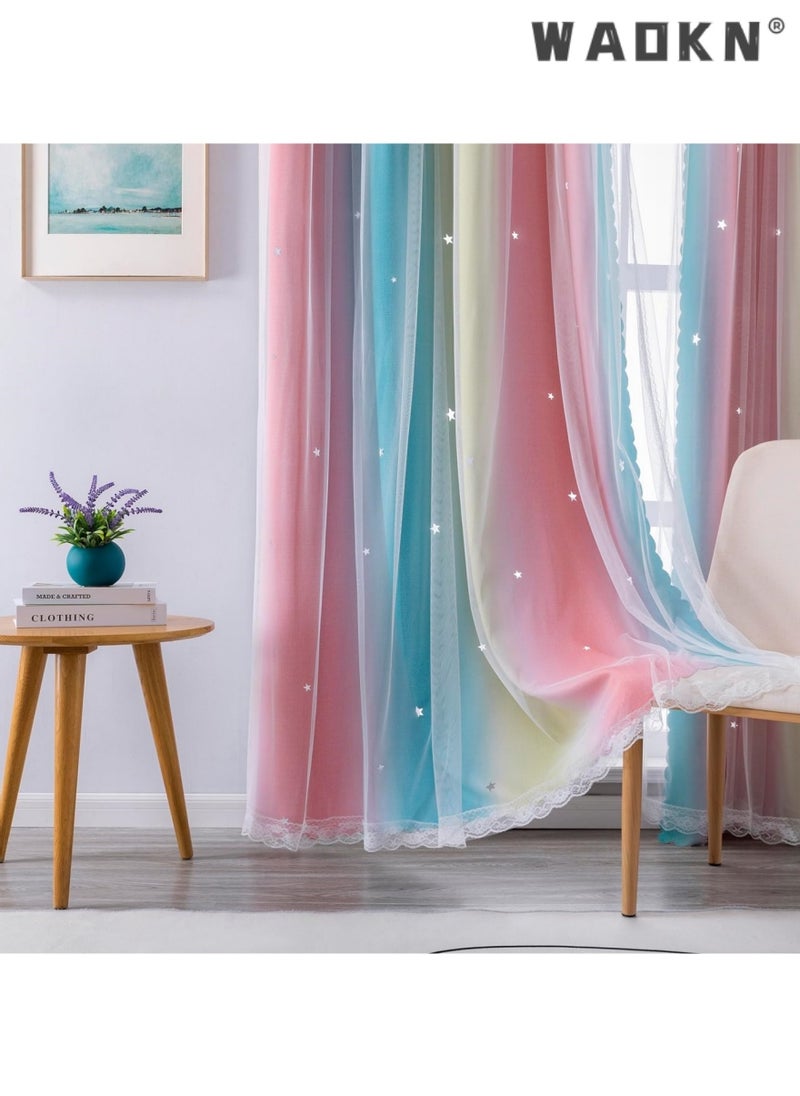 Dream Star Blackout Curtains for Kids' Rooms: Enchanting Princess Design Perfect for Your Little Girl's Bedroom Window - Extra-Long Length for Optimal Light Blocking & Privacy(1 Panel, 52W x 63L inch,Pink Blue)