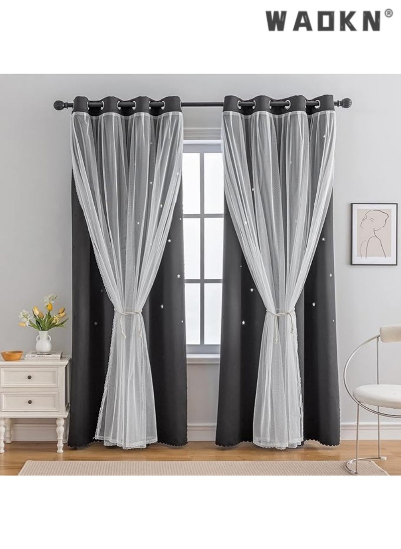 indistar Star Curtains for Bedroom Star Hollow Out Blackout Curtains for Kids Room Double Layer Star Cut Out Window Decor(1 Panel, 52W x 63L inch,Black)