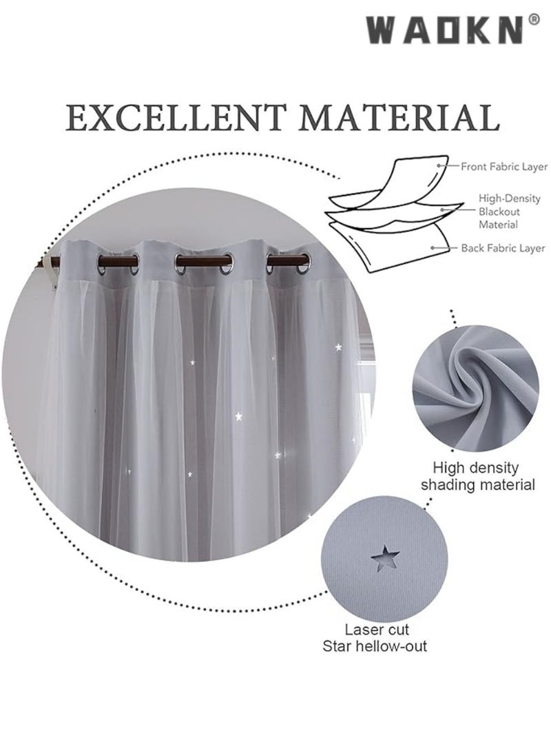 indistar Star Curtains for Bedroom Star Hollow Out Blackout Curtains for Kids Room Double Layer Star Cut Out Window Decor(1 Panel, 52W x 63L inch,Grey)