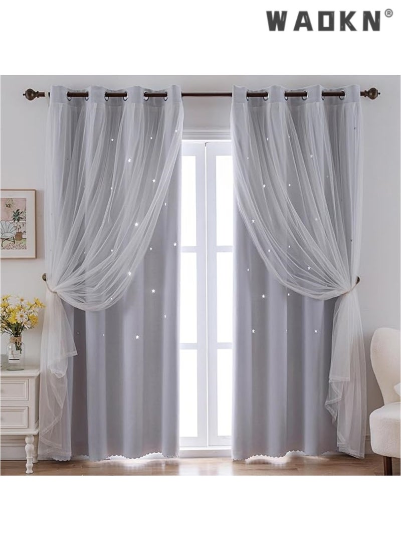 indistar Star Curtains for Bedroom Star Hollow Out Blackout Curtains for Kids Room Double Layer Star Cut Out Window Decor(1 Panel, 52W x 63L inch,Grey)