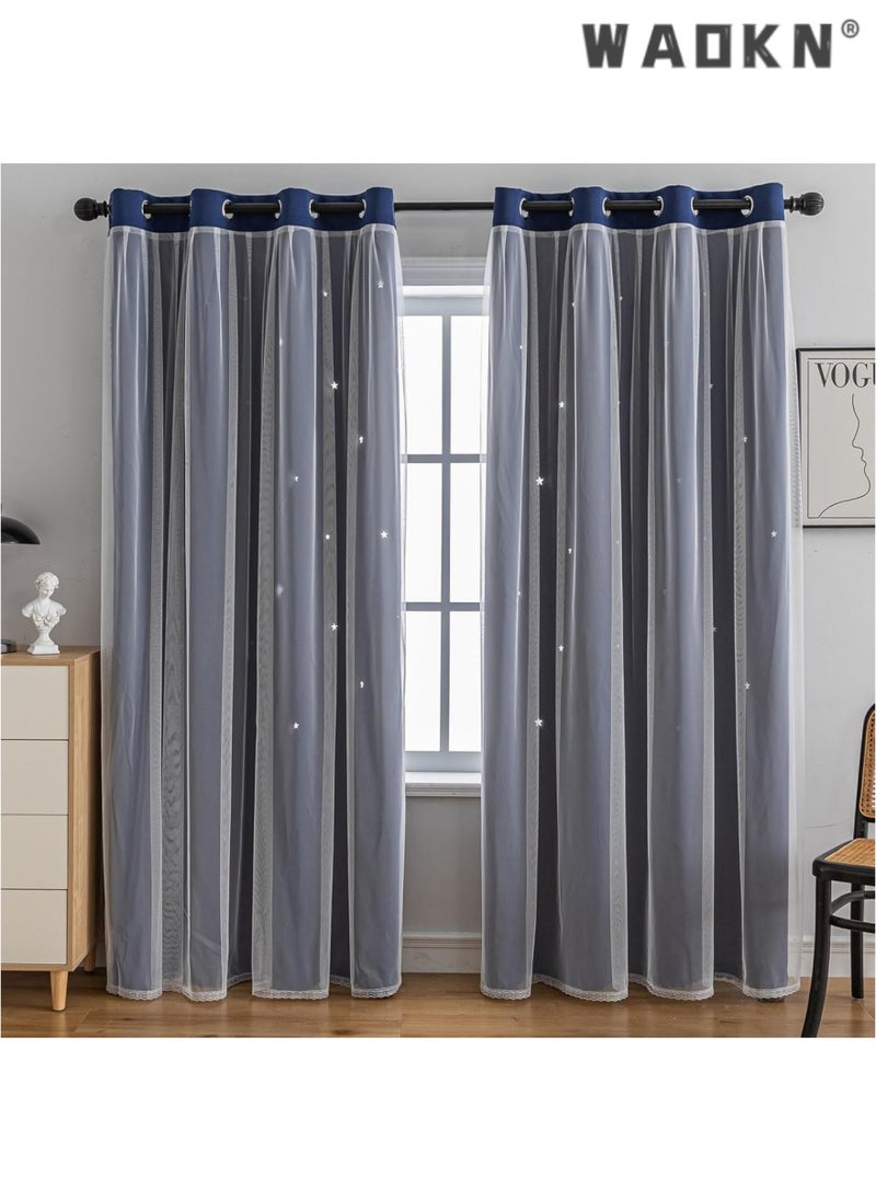 indistar Star Curtains for Bedroom Star Hollow Out Blackout Curtains for Kids Room Double Layer Star Cut Out Window Decor(1 Panel, 52W x 63L inch,Navy Blue)