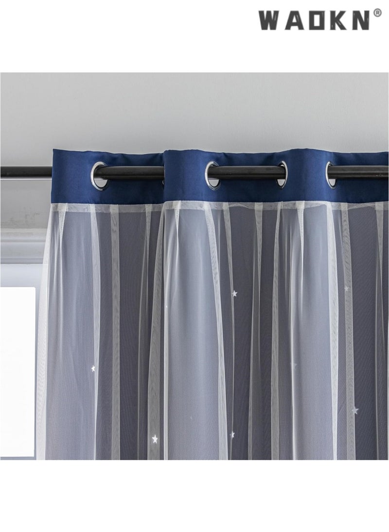 indistar Star Curtains for Bedroom Star Hollow Out Blackout Curtains for Kids Room Double Layer Star Cut Out Window Decor(1 Panel, 52W x 63L inch,Navy Blue)