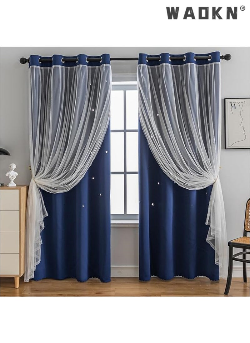 indistar Star Curtains for Bedroom Star Hollow Out Blackout Curtains for Kids Room Double Layer Star Cut Out Window Decor(1 Panel, 52W x 63L inch,Navy Blue)