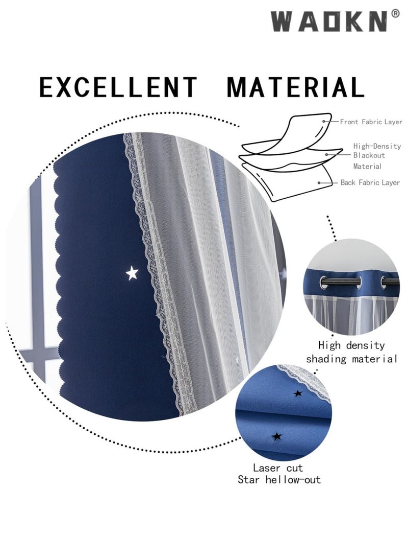 indistar Star Curtains for Bedroom Star Hollow Out Blackout Curtains for Kids Room Double Layer Star Cut Out Window Decor(1 Panel, 52W x 63L inch,Navy Blue)