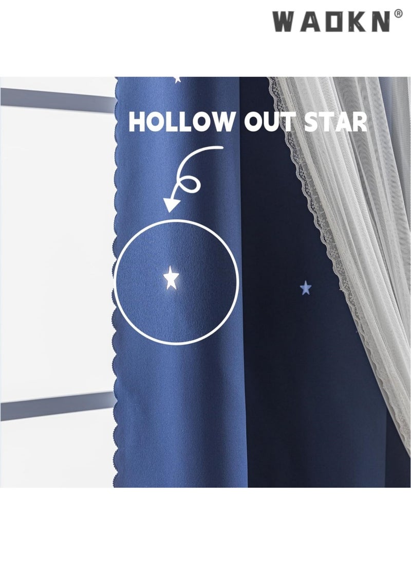 indistar Star Curtains for Bedroom Star Hollow Out Blackout Curtains for Kids Room Double Layer Star Cut Out Window Decor(1 Panel, 52W x 63L inch,Navy Blue)