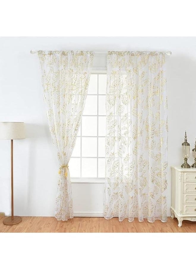 2Pcs Feather Print Sheer Curtains, White Sheer Curtains Hot Stamping Curtains for Bedroom Living Room(Gold)Pack Of 2 Feather Printed Sheer Window Curtains White/Gold 100*200cm