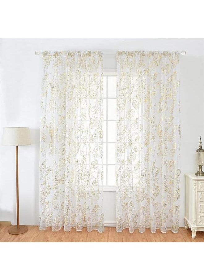 2Pcs Feather Print Sheer Curtains, White Sheer Curtains Hot Stamping Curtains for Bedroom Living Room(Gold)Pack Of 2 Feather Printed Sheer Window Curtains White/Gold 100*200cm