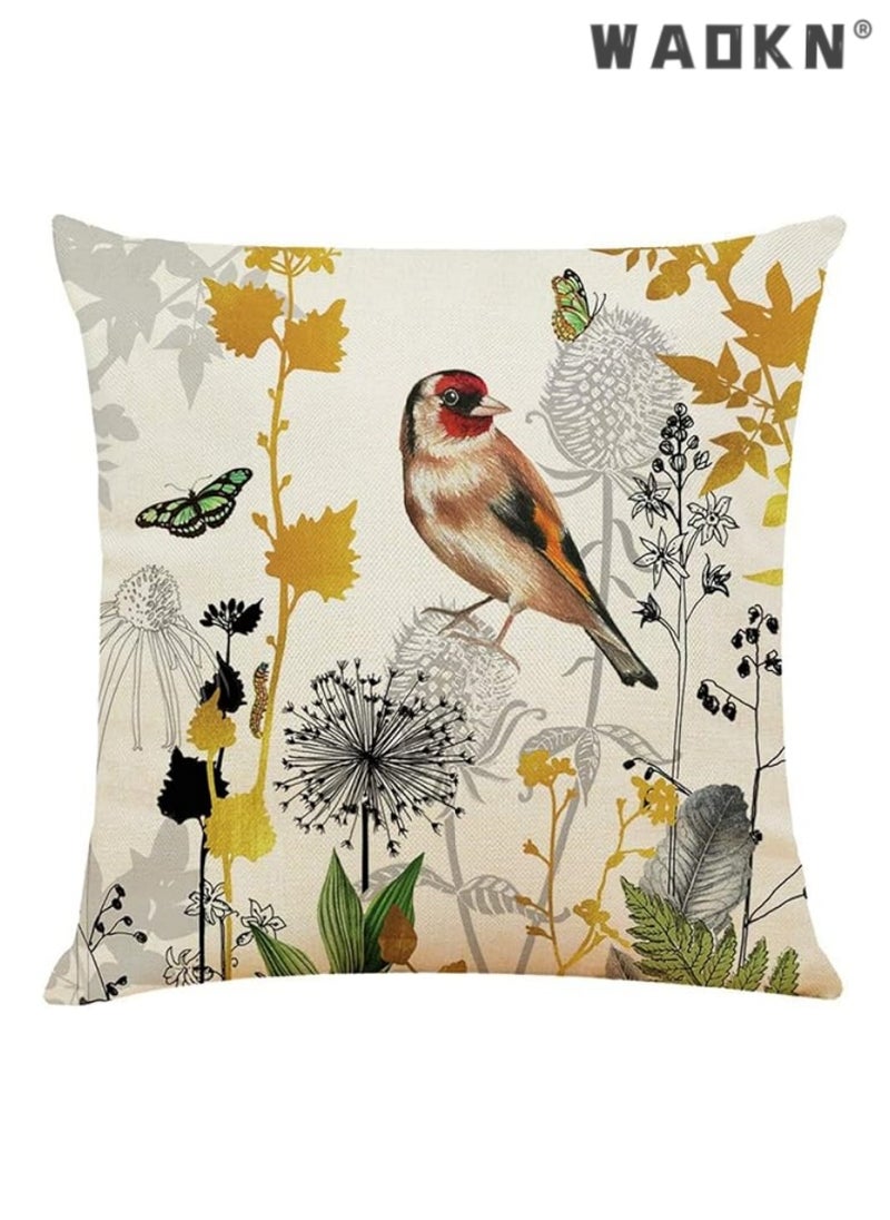 4 Pieces of 18x18 Inches (45cm x 45cm) Boho-Chic Linen Square Cushion Covers Featuring Exquisite Birds, Butterflies, and Flourishing Plant Motifs - Perfect for Enhancing Your Living Room, Sofa, Couch, and Bed Decorations in a Stylish Gold and Black Color Palette