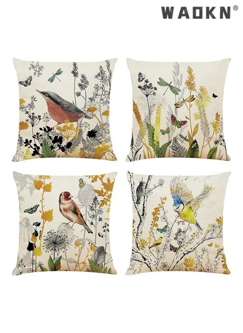 4 Pieces of 18x18 Inches (45cm x 45cm) Boho-Chic Linen Square Cushion Covers Featuring Exquisite Birds, Butterflies, and Flourishing Plant Motifs - Perfect for Enhancing Your Living Room, Sofa, Couch, and Bed Decorations in a Stylish Gold and Black Color Palette