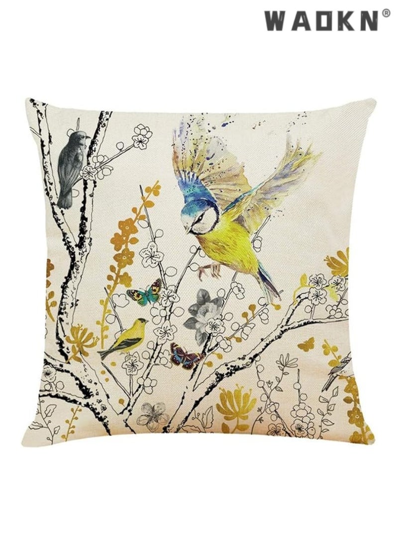 4 Pieces of 18x18 Inches (45cm x 45cm) Boho-Chic Linen Square Cushion Covers Featuring Exquisite Birds, Butterflies, and Flourishing Plant Motifs - Perfect for Enhancing Your Living Room, Sofa, Couch, and Bed Decorations in a Stylish Gold and Black Color Palette