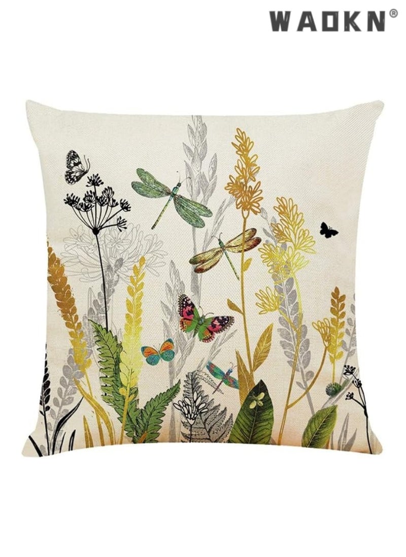 4 Pieces of 18x18 Inches (45cm x 45cm) Boho-Chic Linen Square Cushion Covers Featuring Exquisite Birds, Butterflies, and Flourishing Plant Motifs - Perfect for Enhancing Your Living Room, Sofa, Couch, and Bed Decorations in a Stylish Gold and Black Color Palette