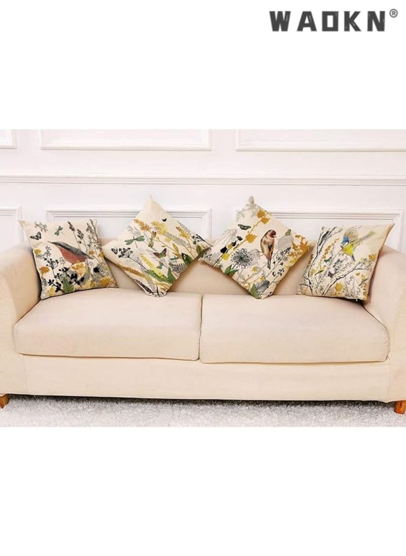 4 Pieces of 18x18 Inches (45cm x 45cm) Boho-Chic Linen Square Cushion Covers Featuring Exquisite Birds, Butterflies, and Flourishing Plant Motifs - Perfect for Enhancing Your Living Room, Sofa, Couch, and Bed Decorations in a Stylish Gold and Black Color Palette