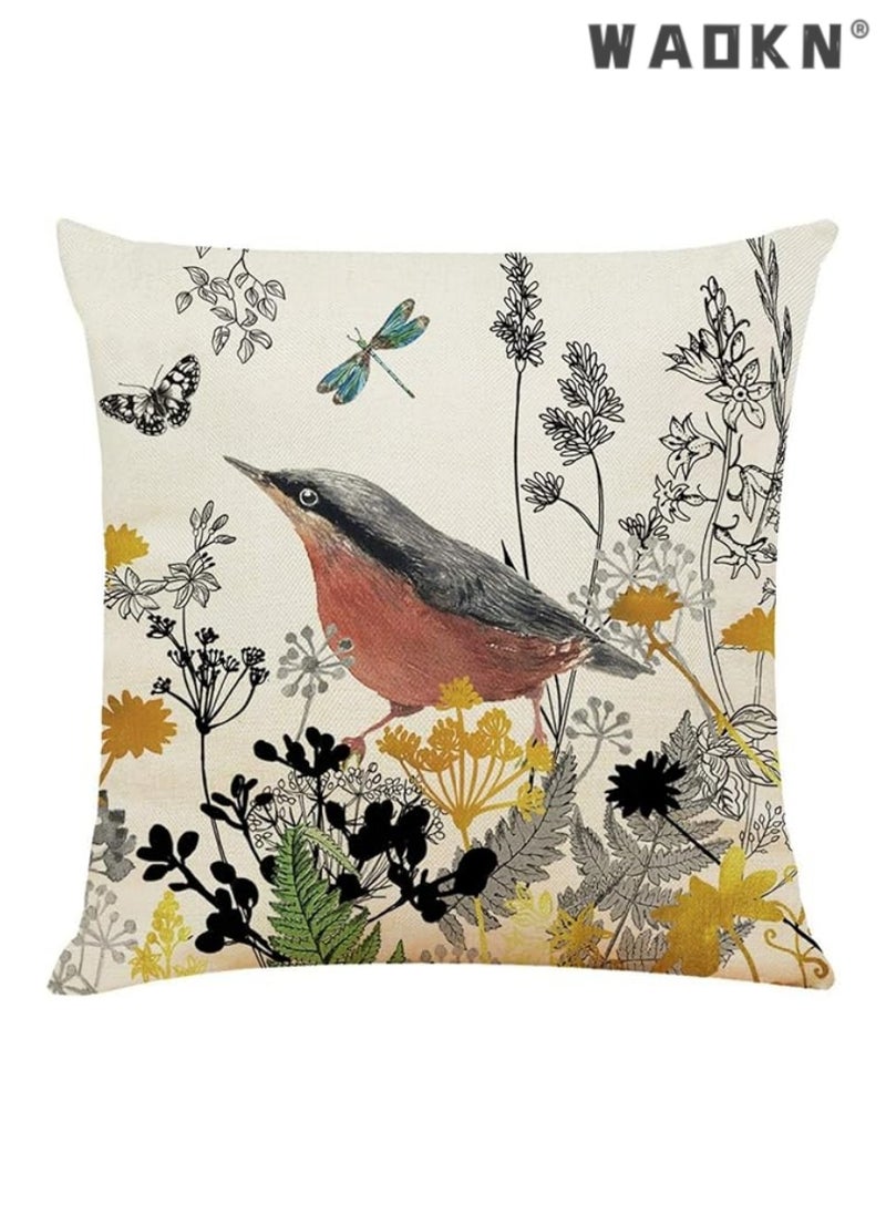 4 Pieces of 18x18 Inches (45cm x 45cm) Boho-Chic Linen Square Cushion Covers Featuring Exquisite Birds, Butterflies, and Flourishing Plant Motifs - Perfect for Enhancing Your Living Room, Sofa, Couch, and Bed Decorations in a Stylish Gold and Black Color Palette