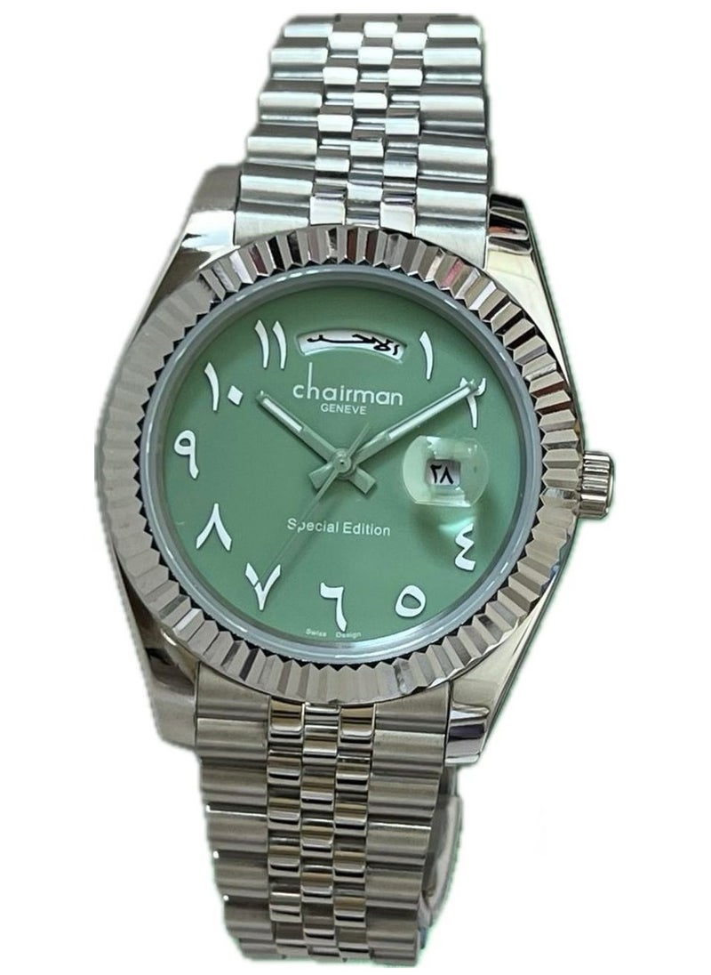 Men's Silver Stainless Steel Wrist Watch, Day / Date with Green Dial and Arabic Numbers