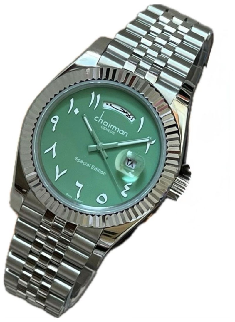 Men's Silver Stainless Steel Wrist Watch, Day / Date with Green Dial and Arabic Numbers