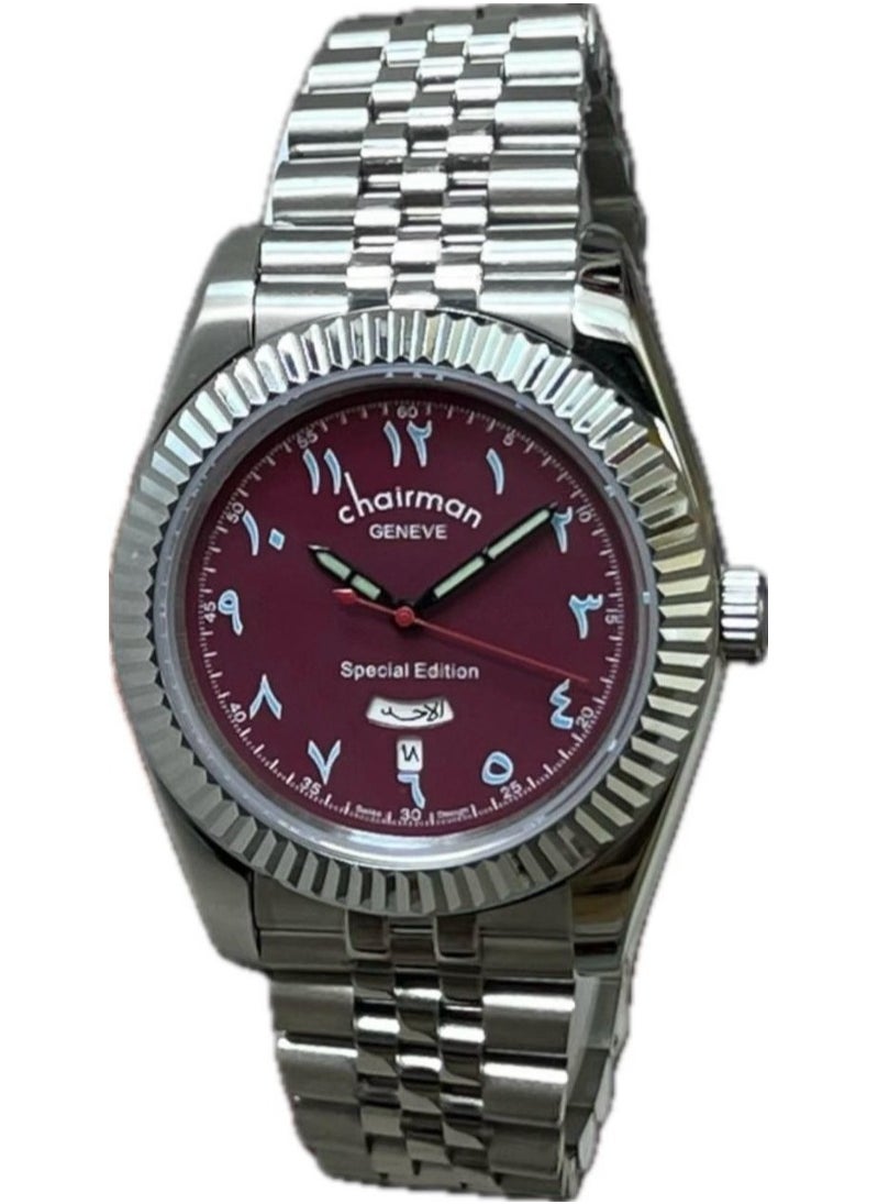 Men's Silver Stainless Steel Wrist Watch, Day/Date with Maroon Dial and Arabic Numbers