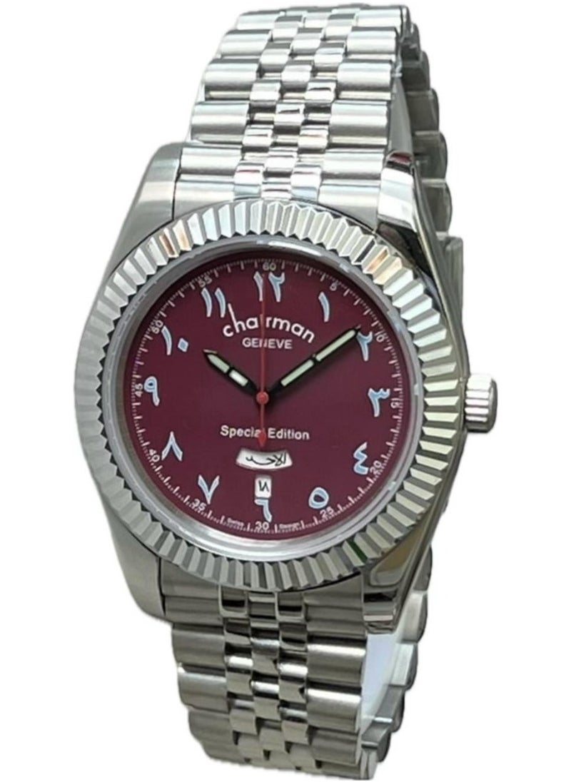 Men's Silver Stainless Steel Wrist Watch, Day/Date with Maroon Dial and Arabic Numbers