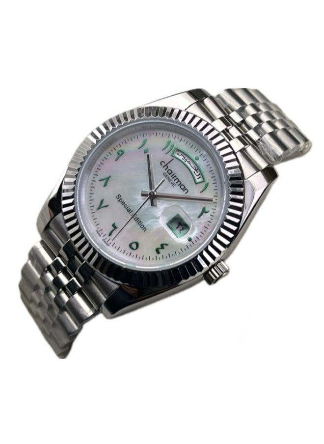 Men's Silver Stainless Steel Wrist Watch, Day/Date with White Dial and Arabic Numbers