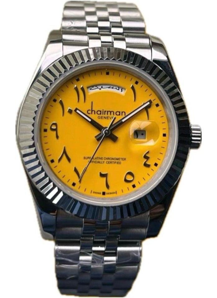 Men's Silver Stainless Steel Wrist Watch, Day/Date with Yellow Dial and Arabic Numbers